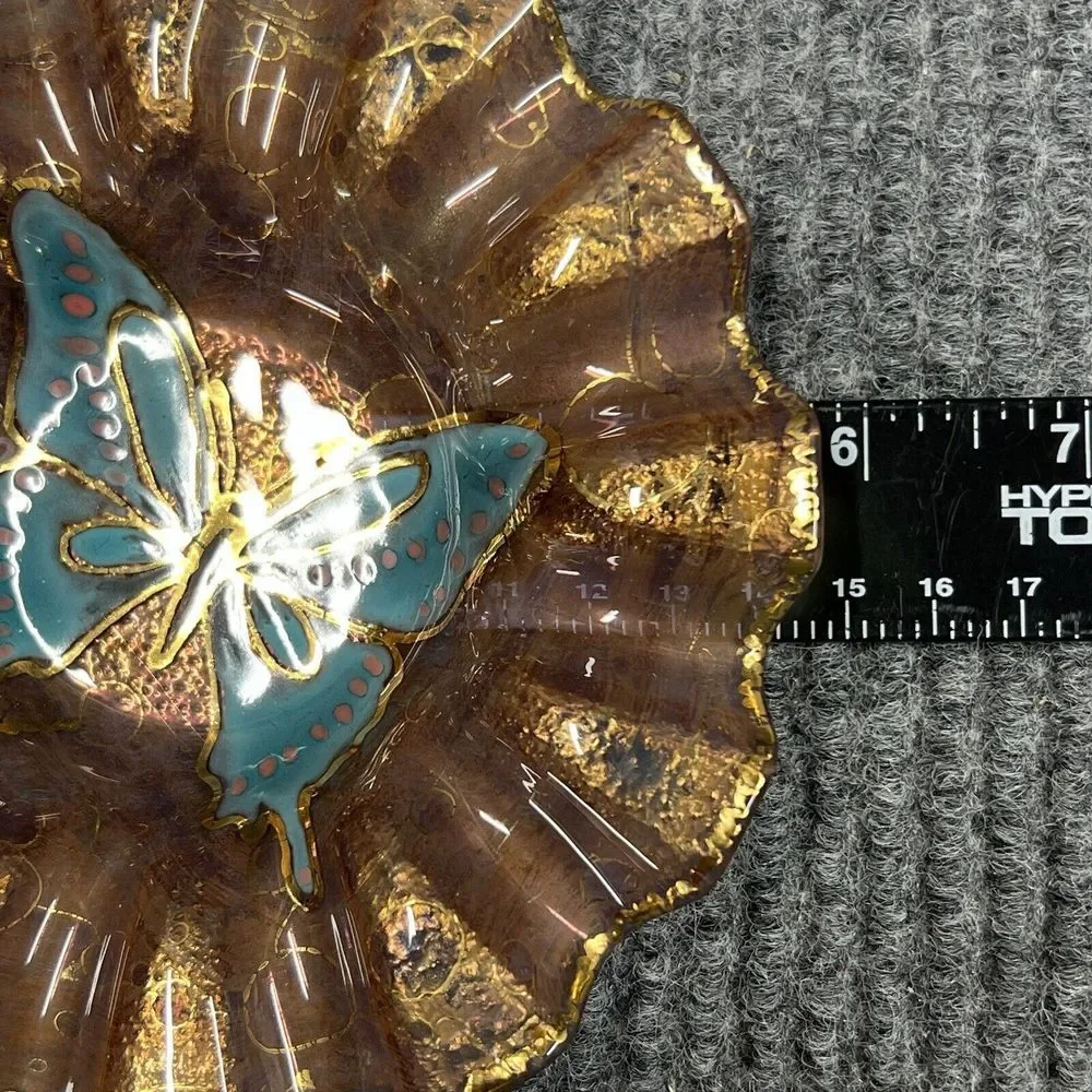 Butterfly Dish Glass 5.5” Ashtray Ruffled Trinket Holder Handpainted Blue‎ Brown
